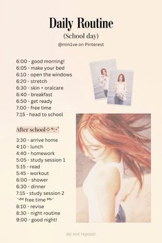 Creds to @min1ve Glow Up Routine Daily School, That Girl Daily Routine, Wonyoungism School Routine, Aesthetic School Routine, Kpop Trainee Daily Schedule, Daily School Routine, School Day Routine, Glowup Transformation, Ideal Routine