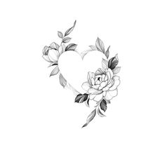 a heart shaped tattoo with flowers and leaves on the side, in black and white