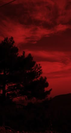 a red sky with clouds and trees in the foreground