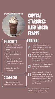 the menu for starbucks's dark mocha frappe