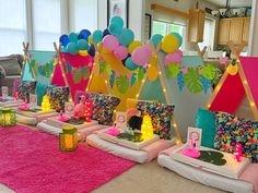 Birthday flamingo tropical party sleepover Sleepover Party Themes, Beach Sleepover, Hawaii Graduation, Dream Sleepover, Tent Parties, Slumber Party Decorations, Party Rental Ideas