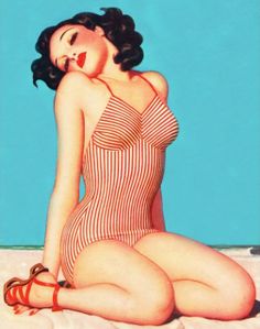 a painting of a woman in a striped bathing suit sitting on the beach with her legs crossed