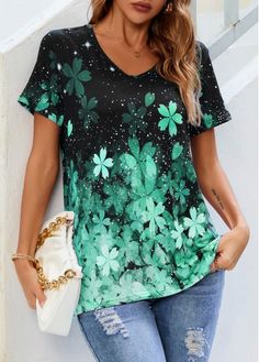 Color:Green;Size:S;Size:M;Size:L;Size:XL;Size:2XL;Size:3XL;Size:4XL;Season:Summer;Package Contents:1 X T Shirt;Color Scheme:Green;Sleeve&apos;s Length:Short Sleeve;Pattern Type:Floral;Neckline:V Neck;Clothing&apos;s Length:Long;Washing Instructions:Hand Wash /Machine Washable;Composition:95%Polyester，5%Spandex;Style:Casual;Occasion:Staycation; Casual Blouse Shirts, Oversized Outfit, Y2k Tops, Trendy Tops For Women, Round Neck Tees, Floral Print Shorts, Vintage Streetwear, Trendy Tops, Plus Size Casual