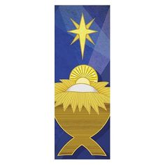 an image of the birth of jesus on a blue and gold background with stars above it