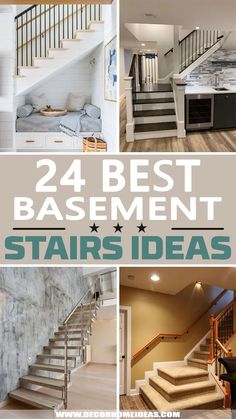 some stairs are shown with the words 24 best basement stairs ideas on top and below