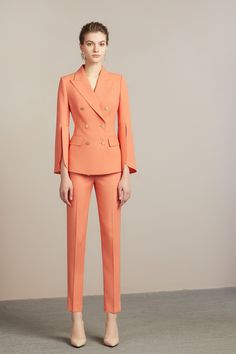 Freshen your wardrobe with this elegant and exclusive Peach Cape Style Double-Breasted Pantsuit. Crafted with precision and finesse, this luxurious ensemble will turn heads with its fine craftsmanship and fashionable peach hue. Perfect for an evening out or a special occasion, this refined pantsuit is sure to make you stand out. Peach Cape Style Double Breasted Pantsuit. A warm fall and bright holiday women's suits. Peach Cape Style Double Breasted Pantsuit Peak lapels; front button blazer V-nec Peach Outfits For Women, Women Pants Suit, Women Pant Suits, Peach Outfit, Orange Office, Peach Clothes, Coral Shades, Color Durazno, Spring Board