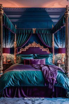 a bed with purple and blue sheets, pillows and blankets on it's sides