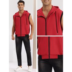 Sleeveless sweatshirt vest features pockets for you to keep your small items. A hoodie vest can be worn alone or paired with other garments like t-shirts or long-sleeved shirts for a daily look. Pair a hoodie vest with shorts, jeans, and casual trousers to create a different look. Hoodie vest is suitable for sports, camping, travel and daily wear. Sporty Sleeveless Cotton Sweater Vest, Casual Hooded Vest With Pockets, Red Cotton Casual Sweater Vest, Casual Red Cotton Sweater Vest, Hooded Cotton Vest With Pockets, Cotton Sweater Vest With Pockets, Casual Sleeveless Hooded Vest, Cotton Sleeveless Vest With Drawstring Hood, Casual Sleeveless Vest With Drawstring Hood