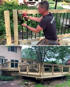 two pictures side by side one shows a man working on the deck and another shows how to build an outdoor deck