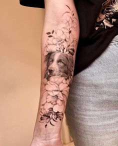 a woman with a dog's face and flowers on her arm