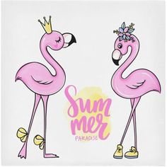 two pink flamingos standing next to each other with the words summer paradise written on them