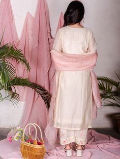 Women Off White_Cream Chanderi Silk Hand Embroidery Round Neck Straight Kurta with Pants