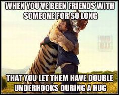 a woman hugging a tiger on the back of her head with caption saying, when you've been friends with someone for so long that you let them have double underhooks during a hug