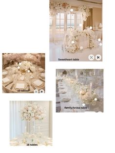 the table is set up with flowers and candles for an elegant wedding reception in white