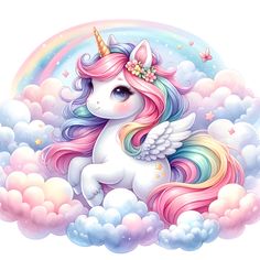 a rainbow unicorn sitting on top of clouds