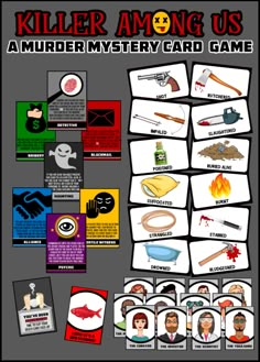 a poster with different types of cards and pictures on it, including the words killer among us