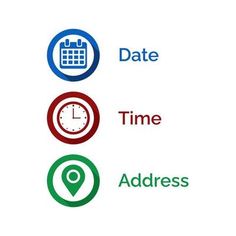 three different icons with the words date, time, and address on them in red, green, blue, and white