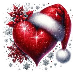 a red heart with a santa claus hat on it's side, surrounded by snowflakes and stars