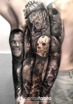 a man's arm with tattoos on it and his hands covered in different pictures