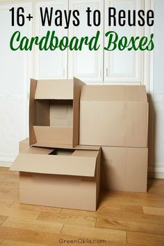 cardboard boxes stacked on top of each other with the words 16 ways to reuse cardboard boxes