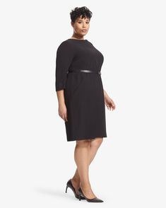 With its wear-everywhere silhouette and stretchy-yet-structured fabric, this dress was designed to make your life easier. Three-quarter-length sleeves offer comfort and coverage, and the included belt cinches your waist. Fitted Black Dresses With Belted Cuffs, Fitted Black Dress With Belted Cuffs, Chic Belted Midi Dress With 3/4 Sleeves, Elegant Belted Midi Dress With 3/4 Sleeves, Modern Belted Dresses For Workwear, Modern Belted Workwear Dresses, Chic 3/4 Sleeve Tie-waist Dress, Chic 3/4 Sleeve Dress With Tie Waist, Chic Tie Waist Dress With 3/4 Sleeves