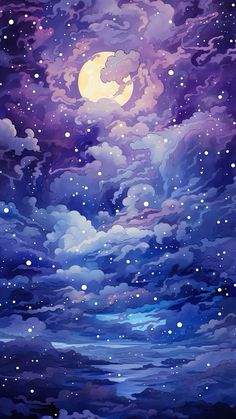 the night sky is full of stars and clouds, as if it were painted with watercolor