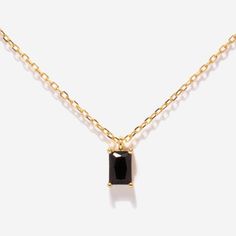 Tiny Baguette Black Onyx Necklace in Gold Plated Silver Black Onyx Crystal Necklace, Luxury Elegant Onyx Necklace, Gold Onyx Necklace With Adjustable Chain, Everyday Black Necklace With Cable Chain, Timeless Black Spinel Jewelry Gift, Timeless Onyx Jewelry For Gifts, Minimalist Black Gold Plated Jewelry, Black Sterling Silver Necklace With Cable Chain, Sterling Silver Black Necklace With Cable Chain