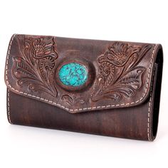 From Our Newest Line Of American Darling Bags, This Amazing Boho, Leather Wallet. Grab This Wallet To Match Up With The The Dreamer Leather Woven Bag. This Piece Measures 8” X 5”. This Totally Unique Wallet Features A Leather Decorative Front With Center Turquoise Stone With Main Fold Over Closure At Top And Zipper Pocket In Middle Interior. Boho Wallet, Tooled Leather Wallet, Western Handbags, Unique Wallets, Handmade Wallets, Leather Floral, Boho Leather, Hand Tooled Leather, Western Leather