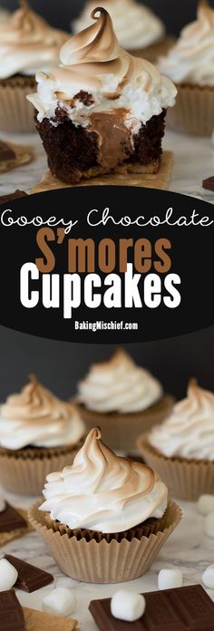 chocolate s'mores cupcakes with frosting on top