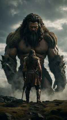 a man standing next to a giant monster on top of a hill