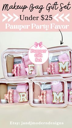 the pamper party favors are in pink and white boxes with bows on them,