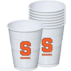 white cups with orange s on them are stacked up in the shape of numbers and letters