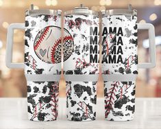 two insulated tumblers with baseballs on them and the words mama mamma