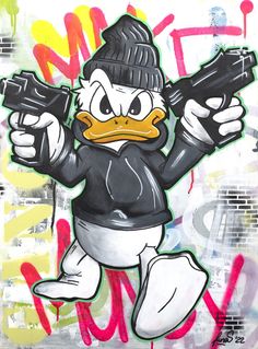 Donald Duck gangstar pop street art version Painted with acrylic spray and stancil on canvas fixed on a wooden frame. Dimensions: 50×70 Donald Duck, Graffiti, Paint, Wall