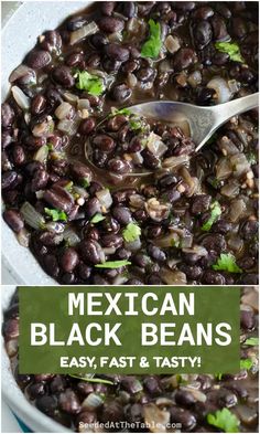 mexican black beans in a white bowl with a spoon