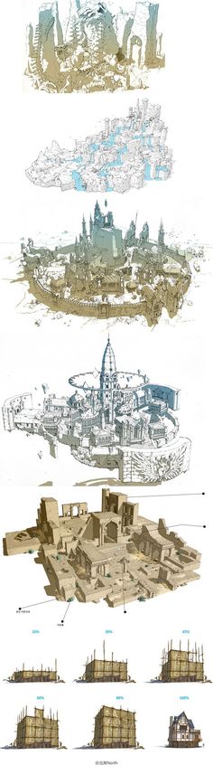 several different types of architectural drawings are shown in this graphic art work, including buildings and water