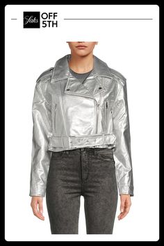 This Metallic Vegan Leather Biker Jacket From Stoosh Combines Edgy Style With Modern Flair. Featuring Notch Lapels, Long Sleeves With Zip Cuffs, And A Double-Breasted Zip Front, It Offers A Bold Silhouette. The Adjustable Belted Waist And Epaulettes Enhance Its Structured Look, While Two Chest Zip Pockets Add Practicality To This Cropped Design. Notch Lapels Long Sleeve With Zip Cuffs Double Breasted Zip Front Epaulettes Two Chest Zip Pockets Adjustable Belte. Womens - W Trend Separates > Saks Off 5th. Stoosh. Color: Silver. Size: L. Trendy Metallic Biker Jacket For Winter, Trendy Metallic Biker Jacket For Fall, Metallic Long Sleeve Leather Jacket For Spring, Trendy Metallic Outerwear For Fall, Casual Metallic Outerwear For Fall, Fitted Metallic Biker Jacket For Winter, Cropped Biker Jacket, Paul Smith Women, Lamb Leather Jacket