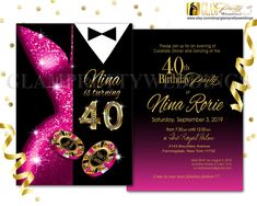 a pink and black 50th birthday party with gold confetti on the front, and an image of a man in a tuxedo