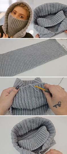 the instructions for how to knit a hooded scarf with an open hood and zippers