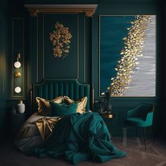 a bedroom with green walls, gold accents and a large painting hanging on the wall