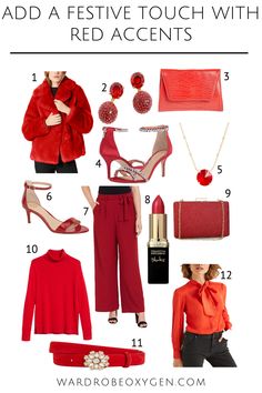 Instant glam for the holidays with pops of red. Dress up wardrobe staples with some glam accessories and simple garments at all pricepoints and sizes Simple Garments, Red Wardrobe, Dress Up Wardrobe, Classic Fashion Pieces, Classic Fashion Looks, Glam Accessories, Classic Outfits For Women