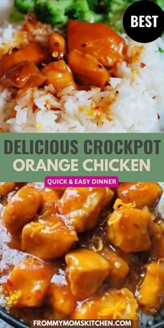 delicious crockpot orange chicken with white rice and broccoli on the side