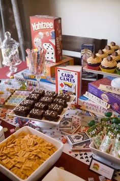 a table topped with lots of different types of candy and candies on top of it