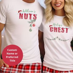 Funny Couples Christmas Pajamas T-Shirt - Customizable Chest & Nuts Design Get ready for some holiday cheer with our hilarious Funny Couples Christmas Pajamas T-Shirt! Perfect for couples who love a good laugh, this matching set features a playful "Chest & Nuts" design that's sure to be a hit at every holiday gathering. Customize with your names, preferred titles (like Mr. & Mrs., His & Hers, or any fun twist), making these shirts the perfect gift for yourself or the favorite couple in your life! Each shirt is adorned with "Chest" and "Nuts" in a festive, traditional Christmas font, topped with a Santa Hat on the first letter. The design is complete with charming Christmas details: a garland under "Chest" and two Christmas balls under "Nuts." The 15 customizable colors for the names/titles Couples Pyjamas, Couples Christmas Pajamas, Nuts Design, Pajamas Couple, Pajamas Matching, Couples Holiday, Couples Christmas, Personalized Pajamas, Couple Pajamas