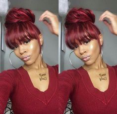 red bangs Hairstyle Gallery, Black Girls Hairstyles, Hair Dos, Messy Bun, Ponytail Hairstyles, Gorgeous Hair, Hair Oil