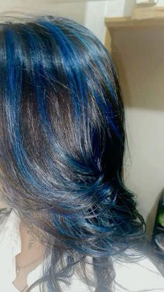 Blue Black Hair With Blue Highlights, Blue Coloured Hair, Blue Stripes In Hair, Blue Color Hair Highlights, Black Hair And Blue Highlights, Short Black Hair With Blue Highlights, Black And Blue Skunk Hair, Black Hair With Midnight Blue Highlights, Blue Dye On Brown Hair No Bleach