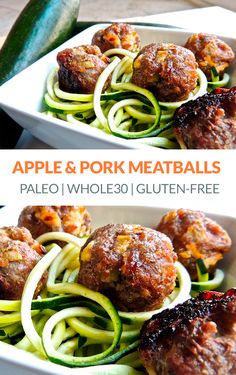 two pictures of meatballs and zucchini noodles in a white bowl on a table