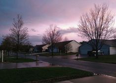 a street with houses and trees in the background at dusk or dawn, as seen from across the street