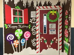 a door decorated with candy canes and christmas decorations on the front, side and sides