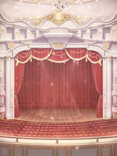 an empty stage with red curtains and chandelier on the ceiling is seen in this digital painting